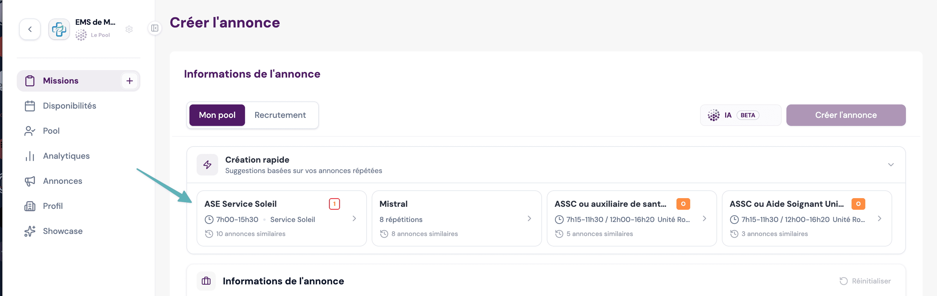 Suggestions de création rapide dans Le Pool