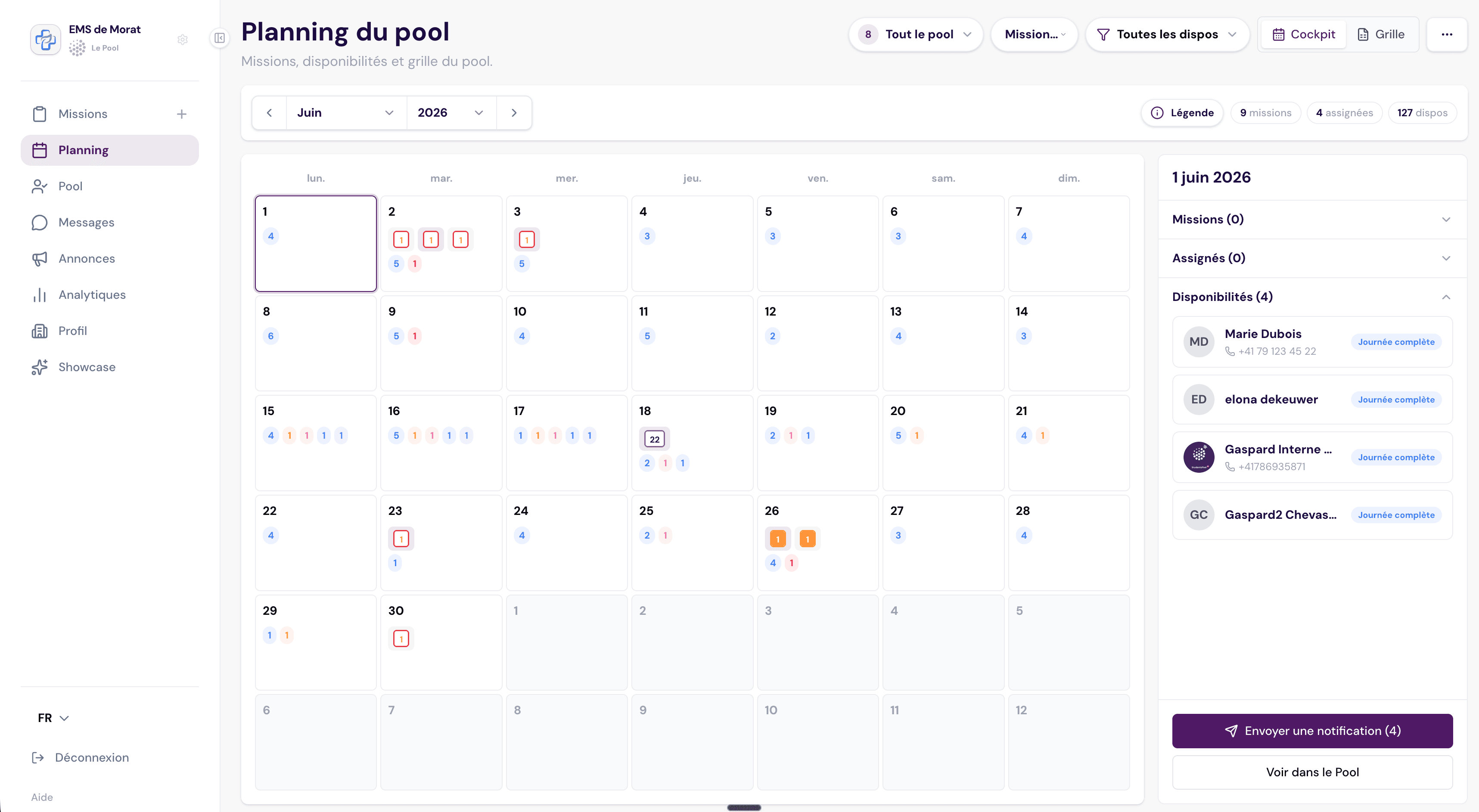 Vista calendario della pianificazione del pool Le Pool