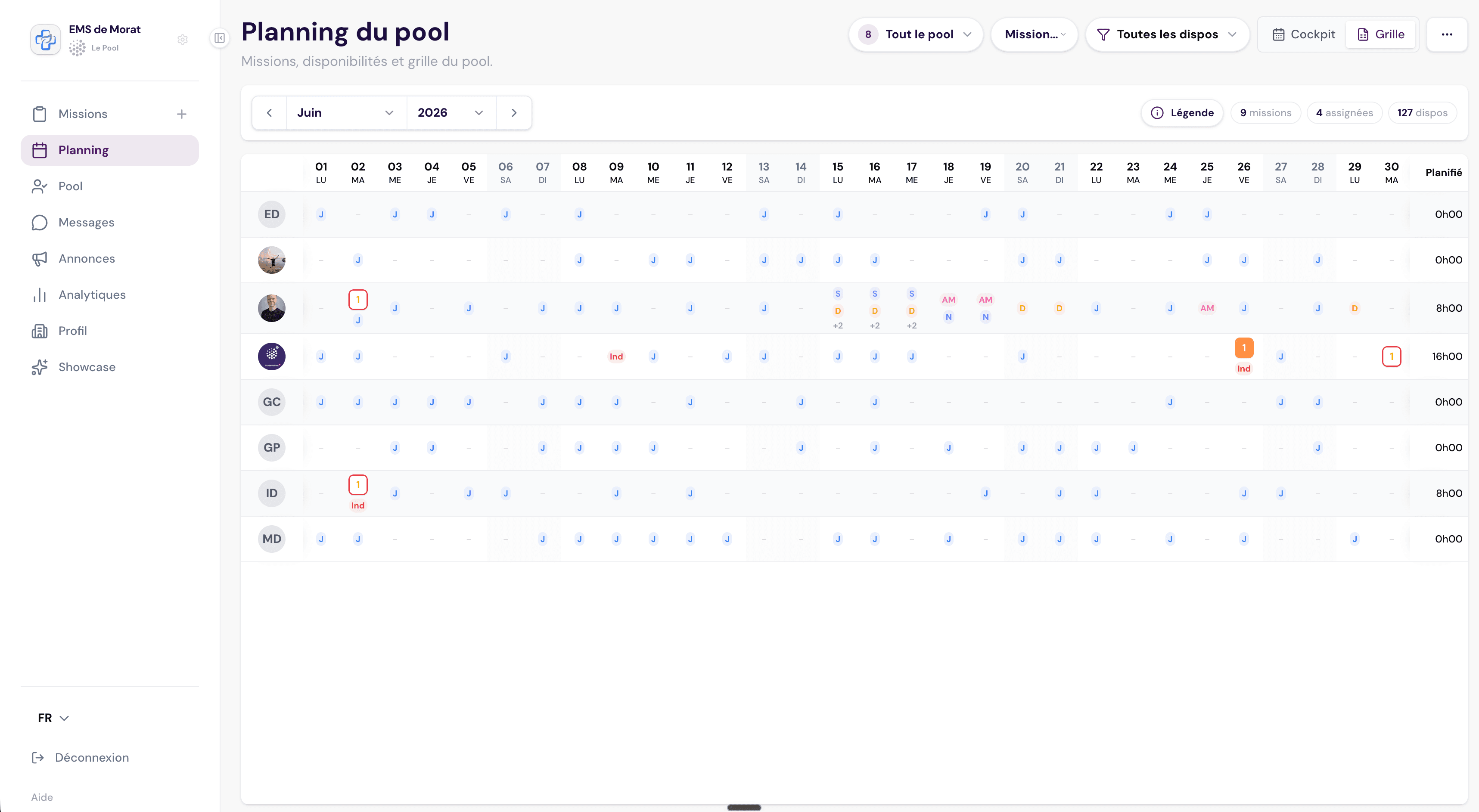 Vista griglia delle disponibilità e missioni del pool Le Pool
