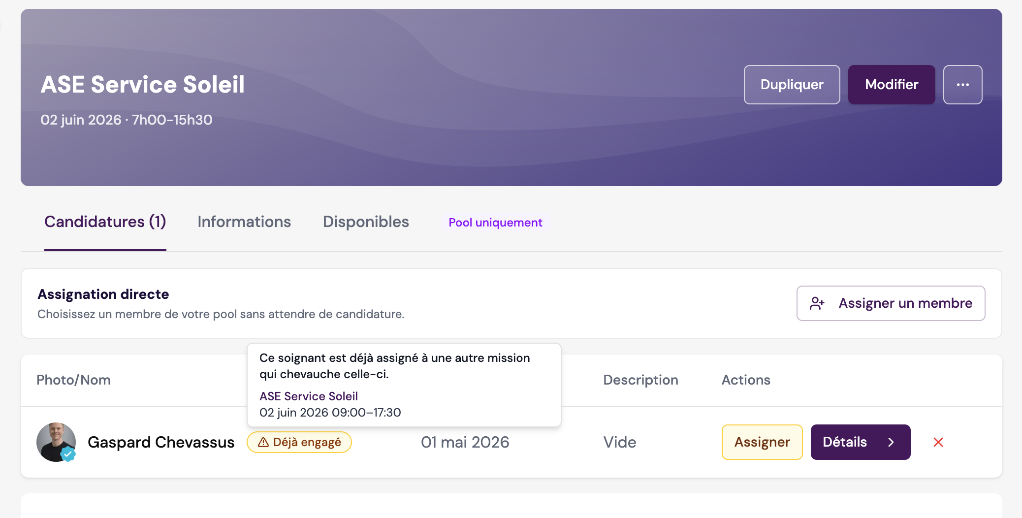 Tooltip listant les missions en conflit dans la liste des candidatures