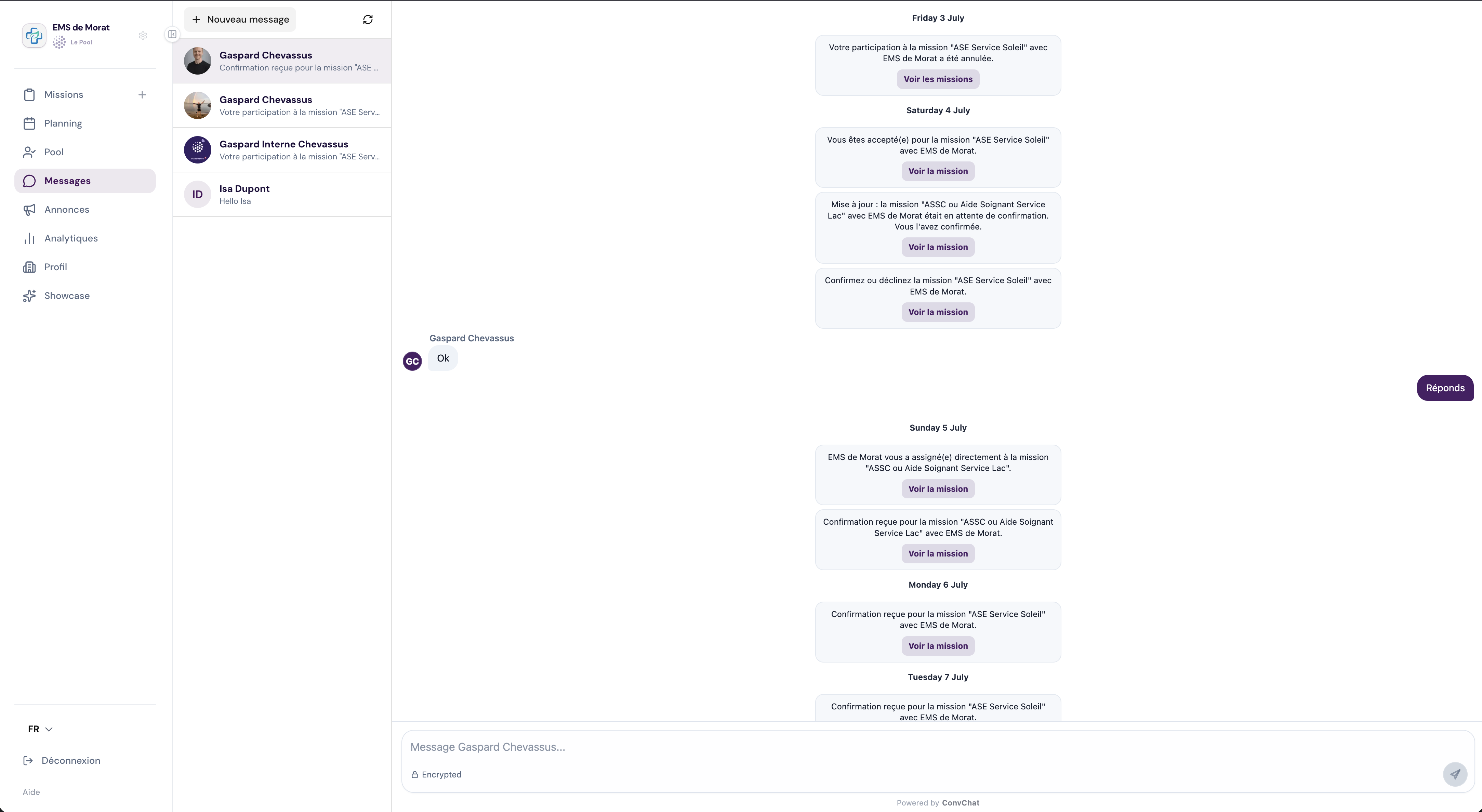 Messagerie chiffrée avec notifications de mission intégrées