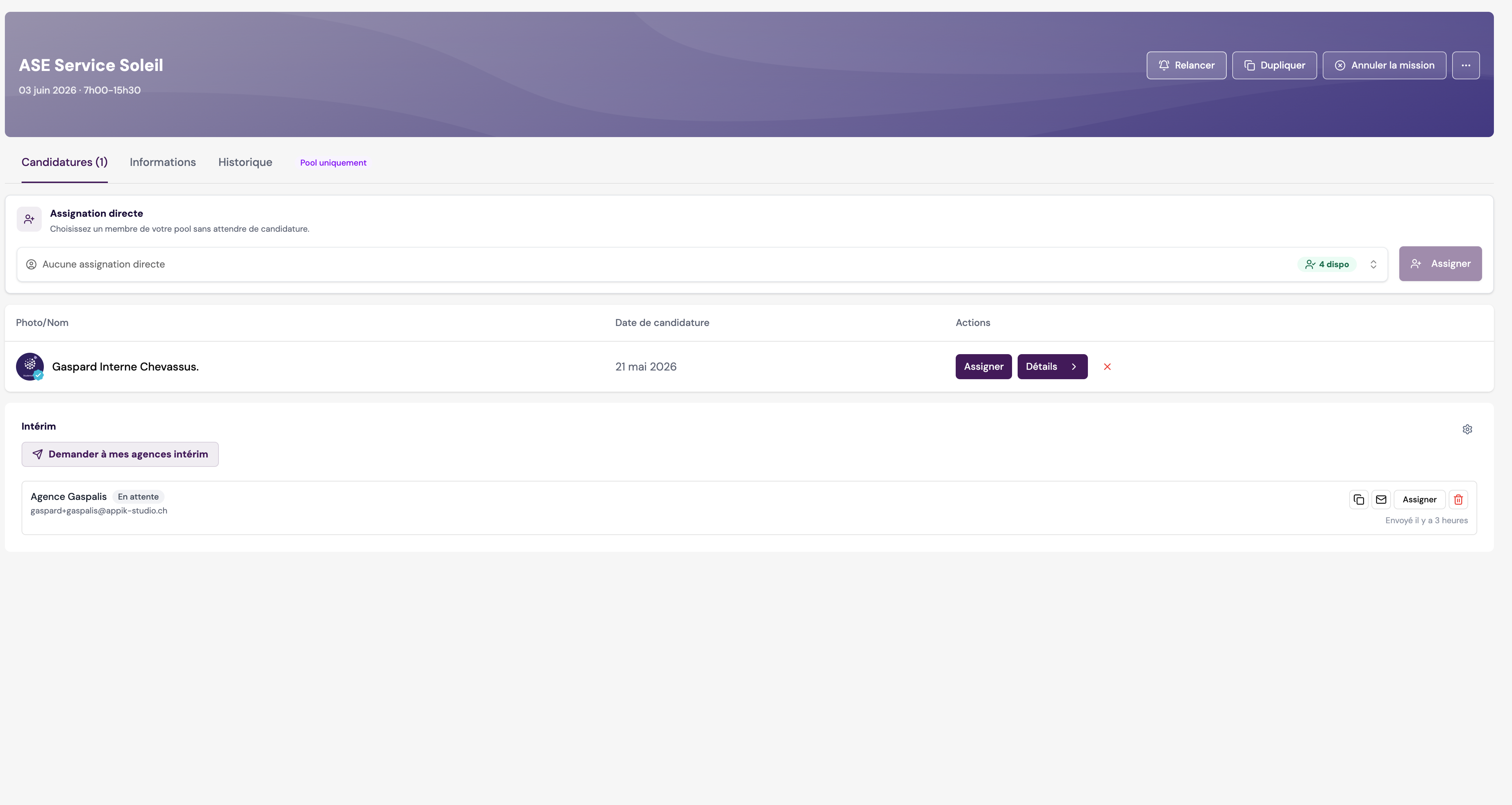 Actions intérim disponibles depuis le détail d'une mission
