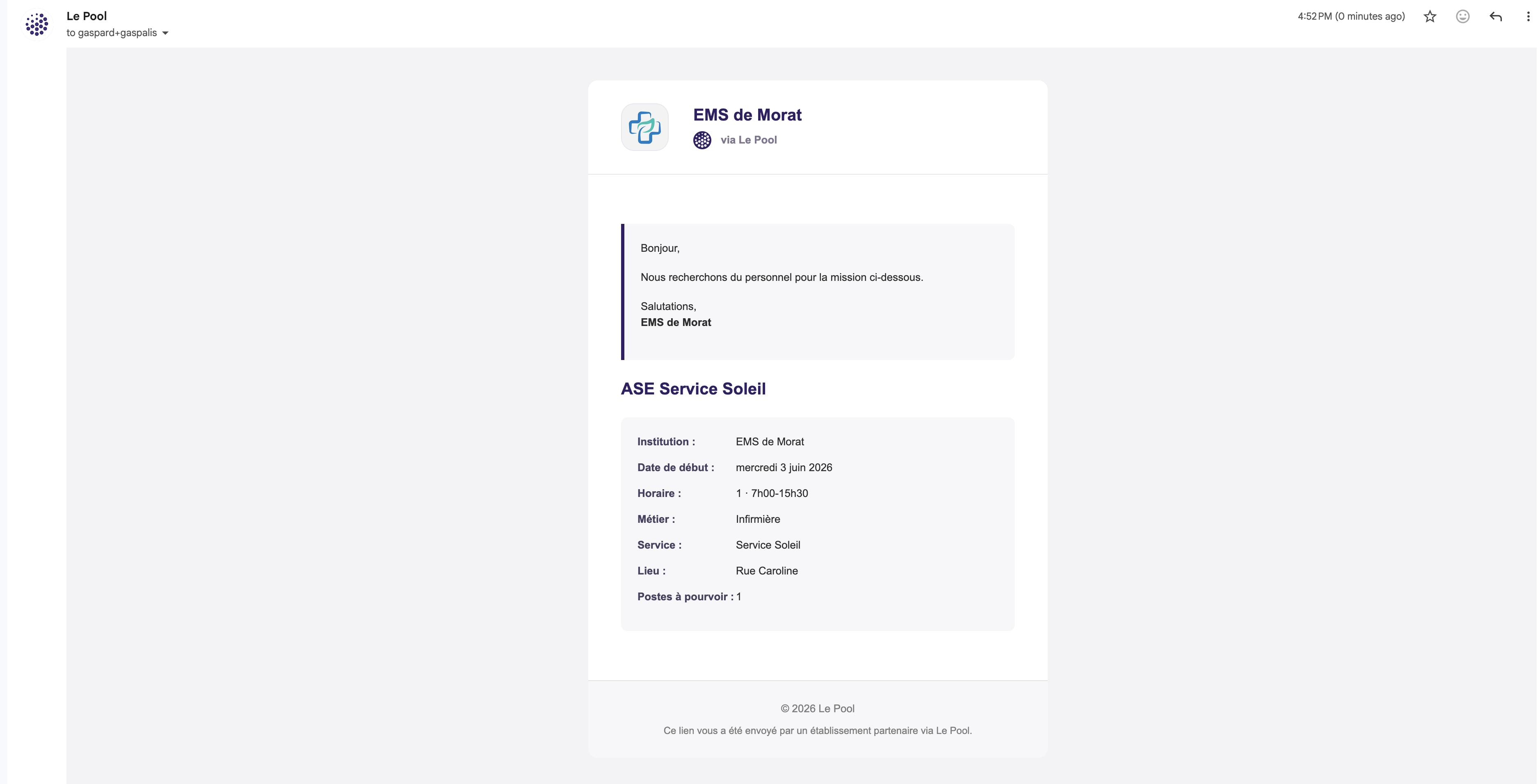 Email reçu par un partenaire intérim
