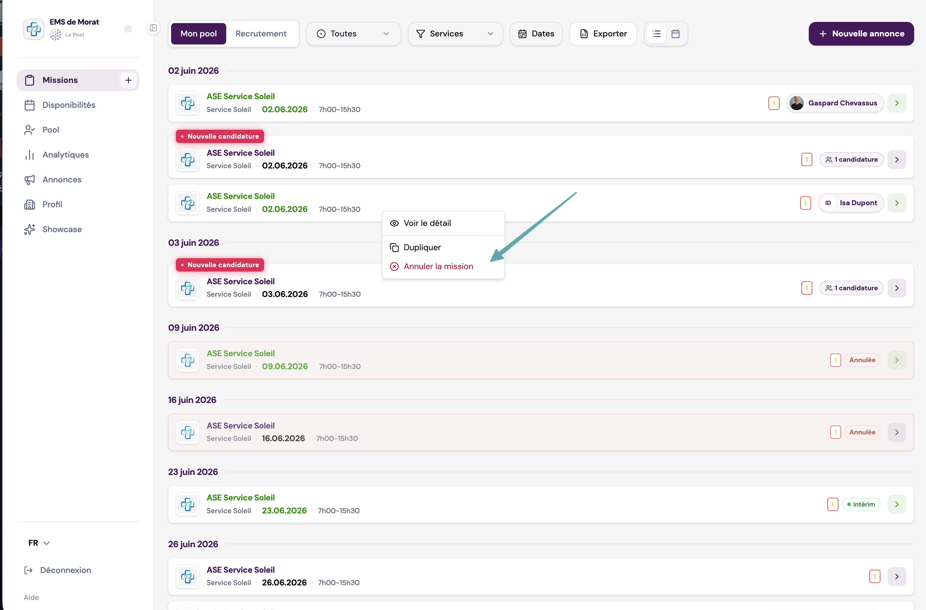 Menu d'action permettant d'annuler une mission depuis la liste