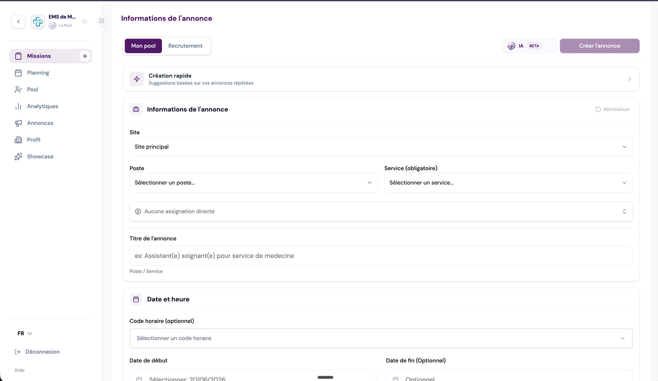 Champ Site prérempli dans le formulaire de création d'une mission du pool