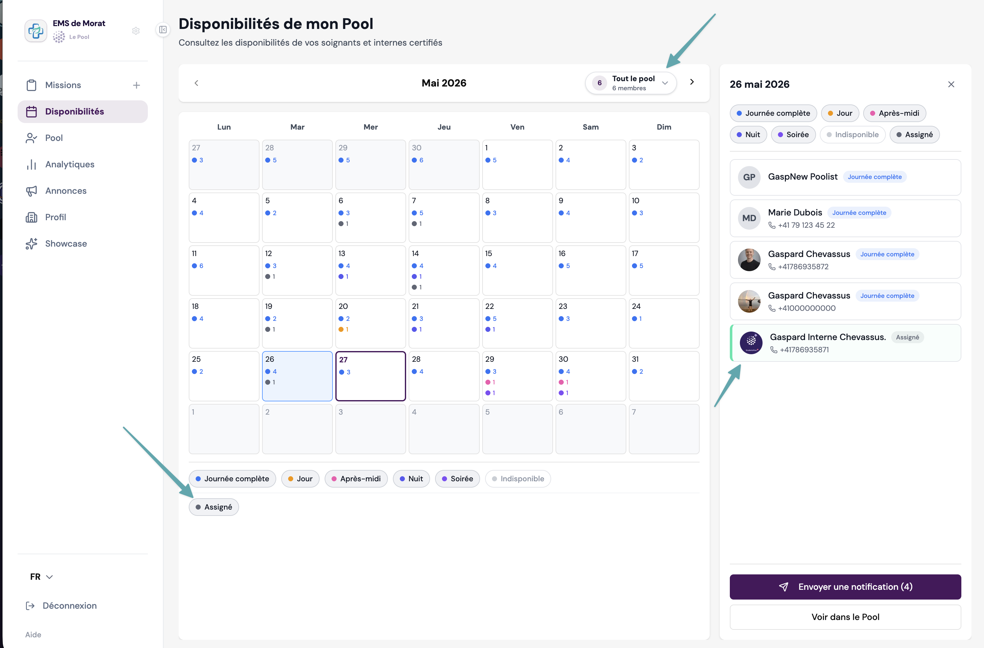 Calendrier des disponibilités avec filtre de pool et statut assigné