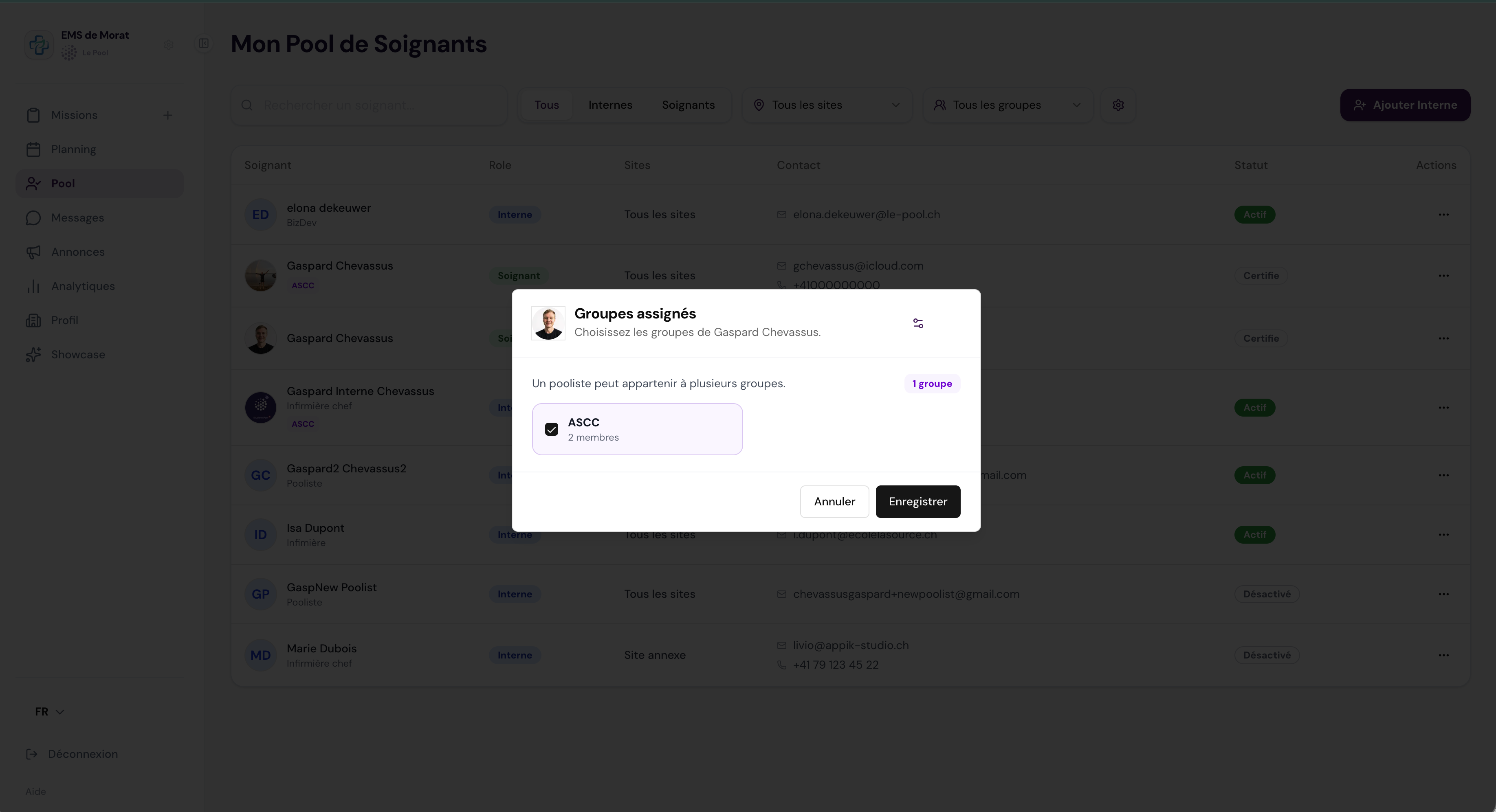Assignation d'un pooliste à un groupe depuis la page du pool