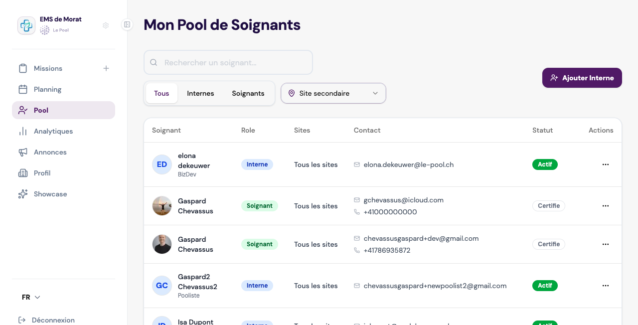 Filtre de site sur la liste du pool de soignants