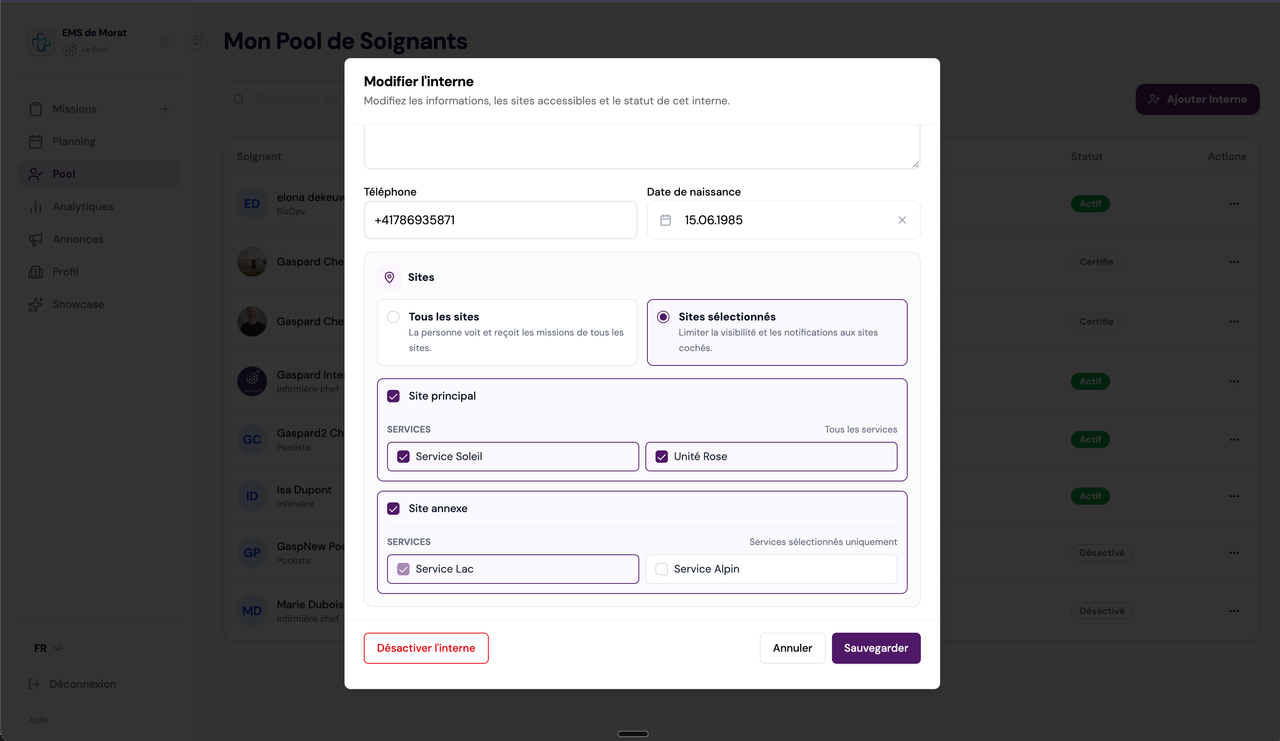 Modification des sites et services accessibles pour un interne